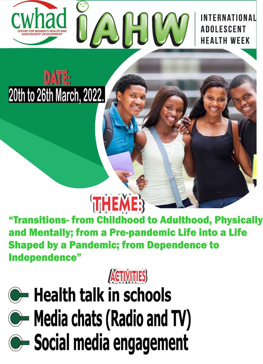 CWHAD1's tweet photo. To commemorate this year's #internationaladolescenthealthweek, we will kick off with a media chat on Sunday,  March 20th, on Treasure Fm 98.5  PortHarcourt, at 1pm. 

#iahw2022
#iahw 
#adolescents https://t.co/RtHx0ZDnWT