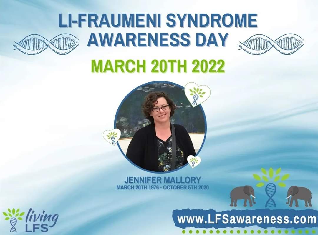 LivingLFS's tweet photo. Sunday March 20 is #LiFraumeni Syndrome Awareness Day! Join us on Zoom at 11 Pacific/2 Eastern for exciting #LFS Hardship Grant updates, show off #WearBlueForLFS gear, + honor #LivingLFS founder Jen Mallory π Email hello@livinglfs.org for Zoom link! #LFSawareness #cancer #tp53 https://t.co/Hrwr80S33X