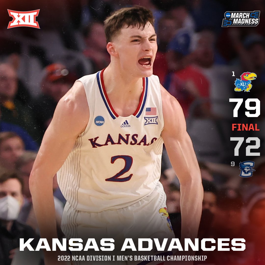 .<a href="/KUHoops/">Kansas Men’s Basketball</a> 𝐚𝐝𝐯𝐚𝐧𝐜𝐞𝐬! 🏆 #Big12MBB 

The No. 1 Jayhawks move on to the 𝐒𝐰𝐞𝐞𝐭 𝟏𝟔‼️ #MarchMadness