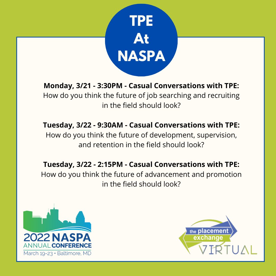365TPE's tweet photo. Headed to #NASPA22? Us too! Be sure to visit our #TPEVirtual team in the #NASPA2022 exhibit hall for networking, casual TPE conversations, career coaching, and #TPETalks! We're excited to connect in Baltimore! https://t.co/qjhmRONSKS