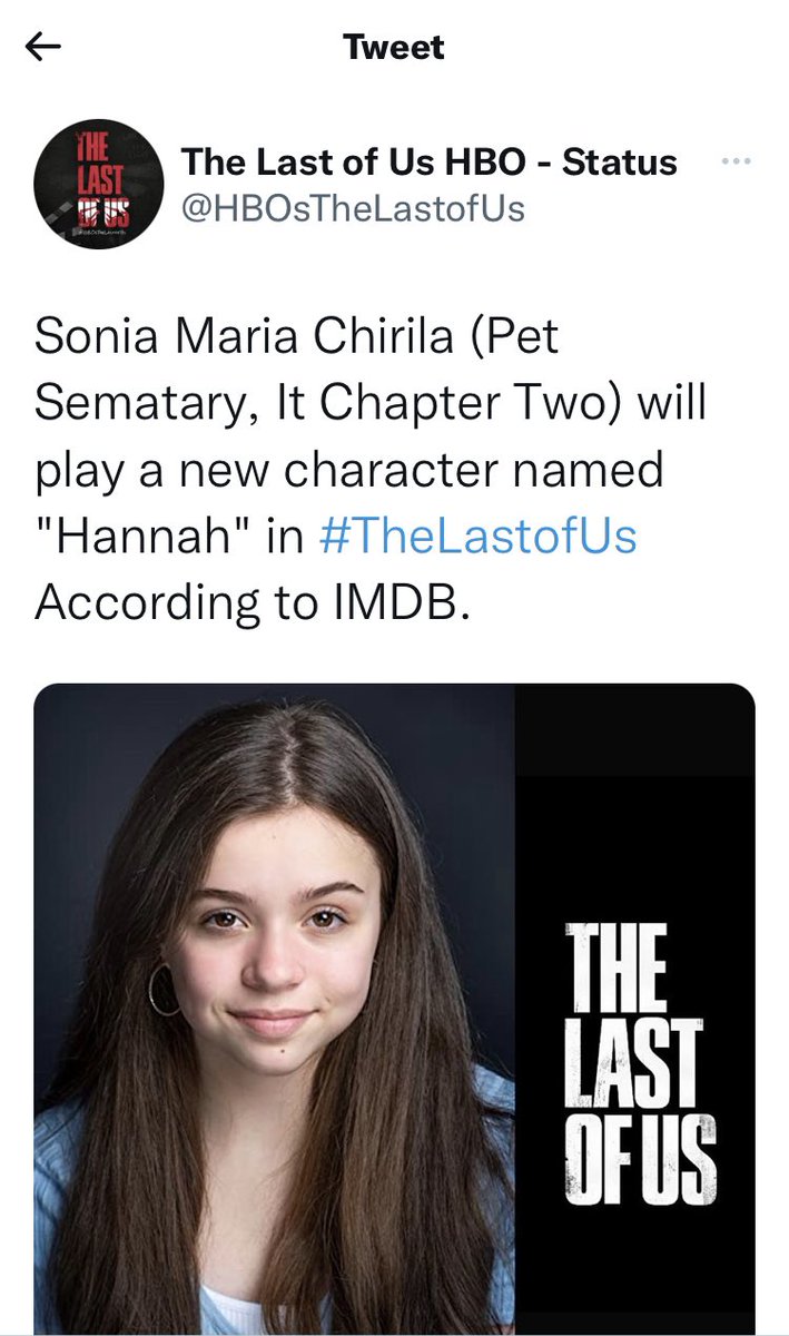 The Last of Us News on X: Sonia Maria Chirila (Pet Sematary, It Chapter Two)  will play a new character named Hannah in #TheLastofUs According to IMDB.   / X