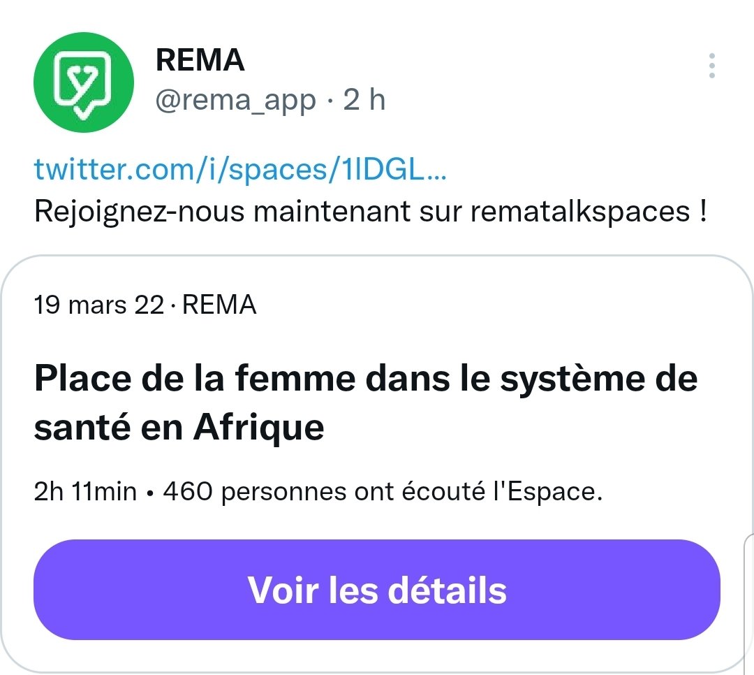 rema_app's tweet photo. 2h11 min de discussion avec 460 auditeurs😊. Ce fut un très bon moment d'échange et de partage. Merci beaucoup à @TOHI_MiraDelali @beauty_sodokin @DrDjamilaF d'avoir accepté d'être nos invitations. #rematalkspaces https://t.co/dA8lw2p2us