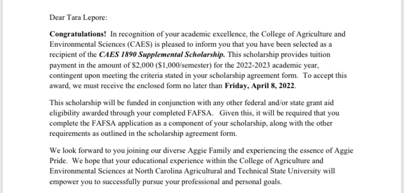 I am having the best day! Just found out that I was awarded the NC A&amp;T CAES 1890 Scholarship! Aggie Pride!!