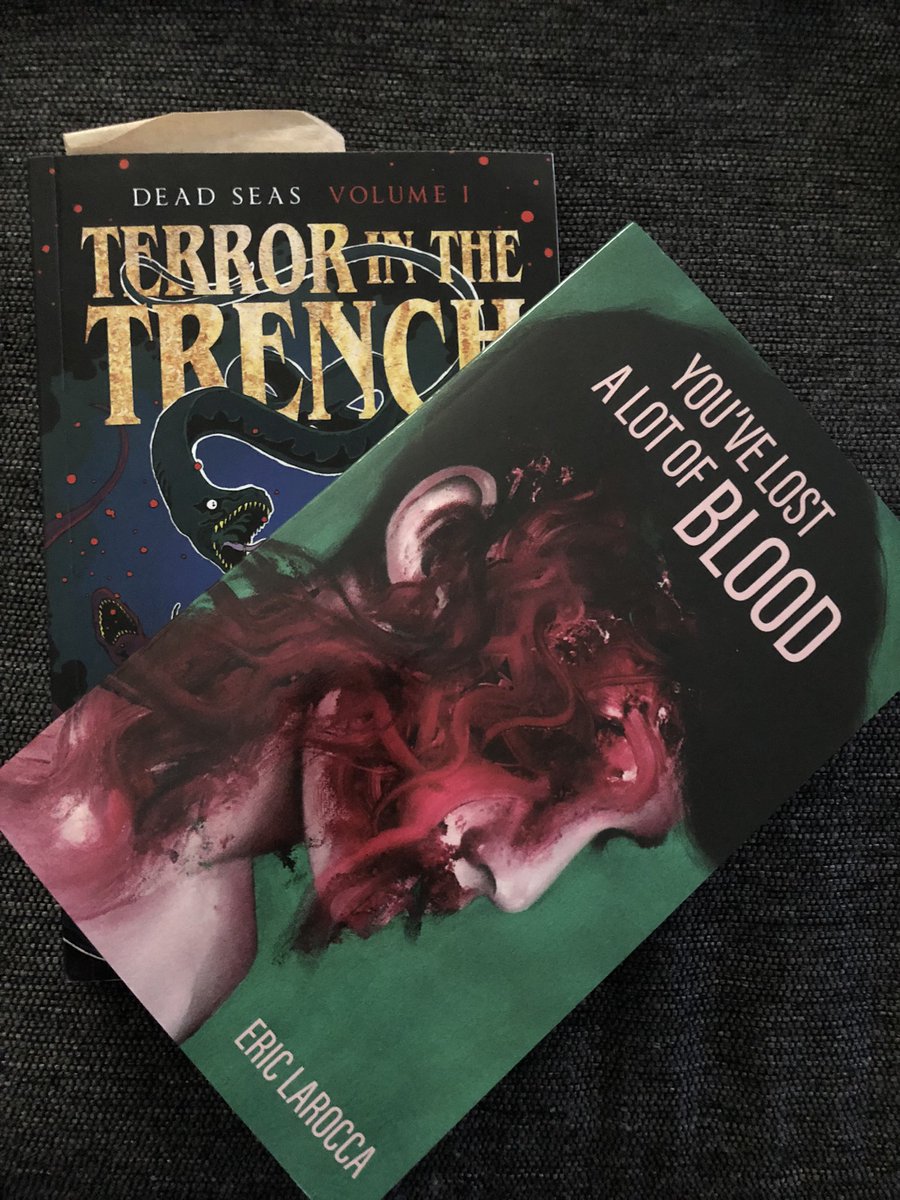 Just about to finish @DSPhorror #TerrorintheTrench 🦈 and look what came today!!!!  @hystericteeth #YouveLostaLotofBlood Perfect timing! The TBR pile will have to wait 🤣