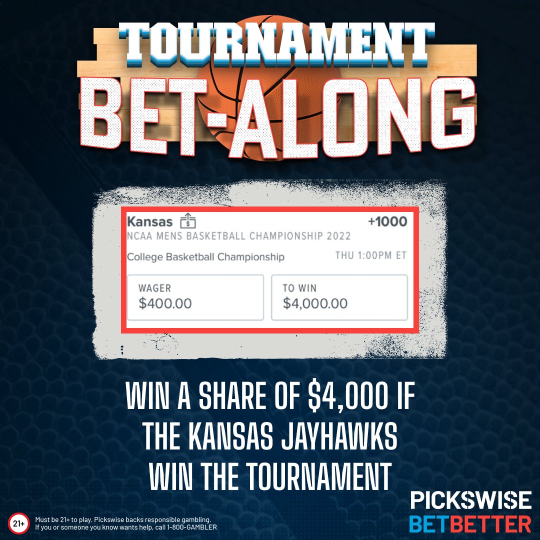 Pickswise's tweet image. 🚨 MARCH MADNESS BET-ALONG 🚨

We're betting two tournament title futures: 
🏆 Kansas (+1000) $400 to win $4K
🏆 Memphis (+25000) $50 to win $12.5K

And YOU can win a share of the winnings if we cash 💰

Simply RT &amp;amp; Like this to enter. Good luck 😎

T&amp;amp;Cs: bit.ly/3ichojv