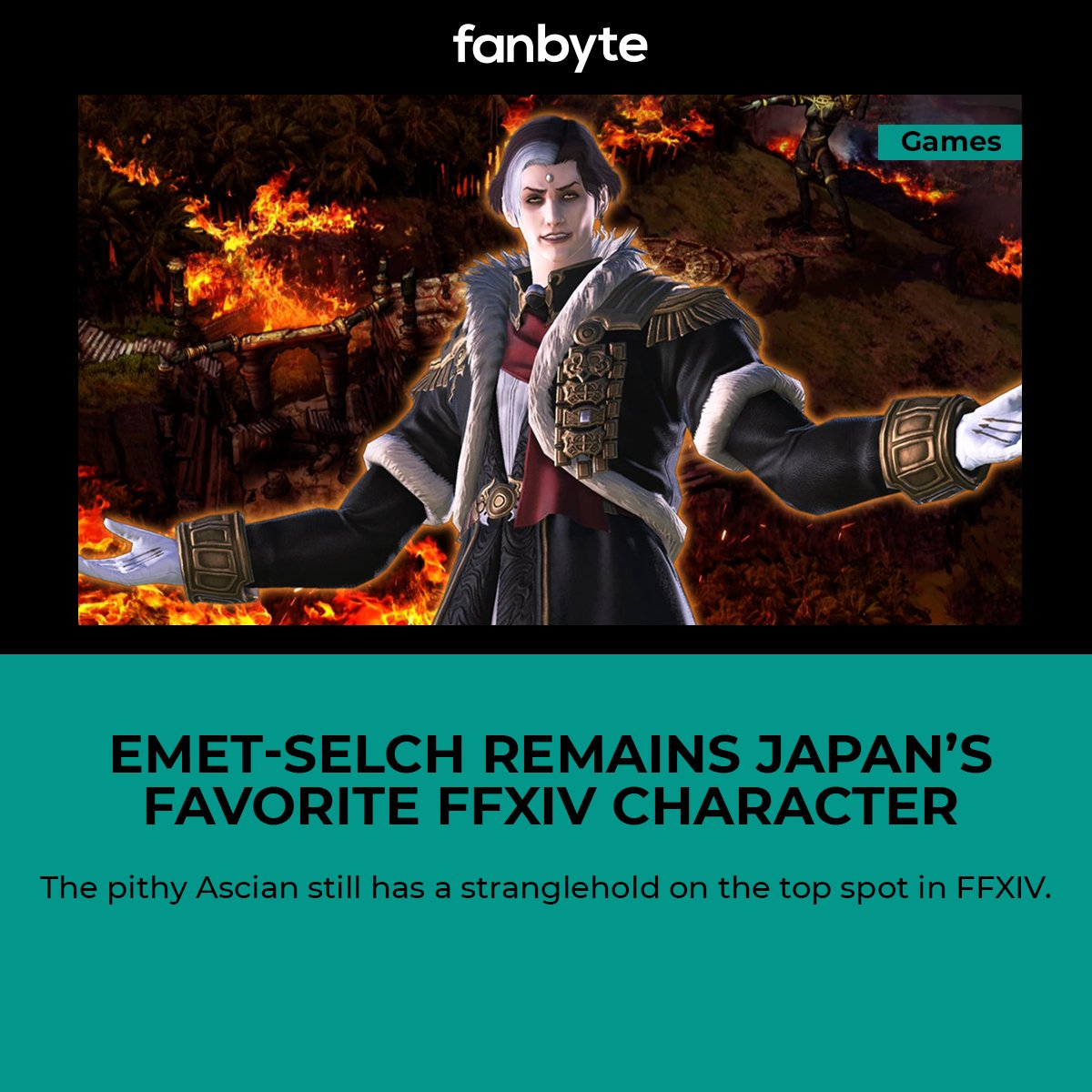 Image: Emet Selch poses with his arms outstretched. Text reads: Emet Selch remains Japan's favorite Final Fantasy 14 character. The pithy Ascian still has a stronghold on the top spot in FF 14.