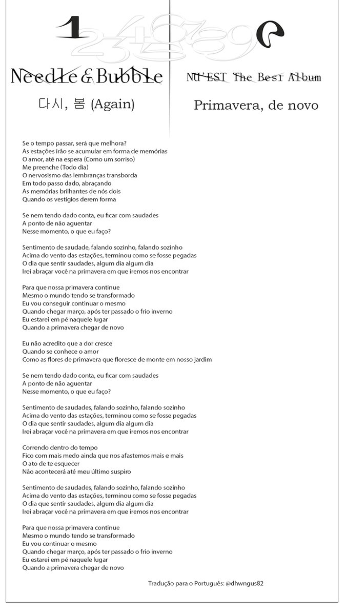 nuestarsz's tweet photo. [💌] Tradução da letra de #다시_봄 (Spring, Again) 
Todo o amor para @dhwngus82 

#NUEST_JR_아론_백호_민현_렌 @NUESTNEWS 
#뉴이스트 #NUEST #Needle_n_Bubble #다시_봄
#NUEST_다시_봄 #다시_뉴이스트의_봄 https://t.co/O4Xx5M0oPm