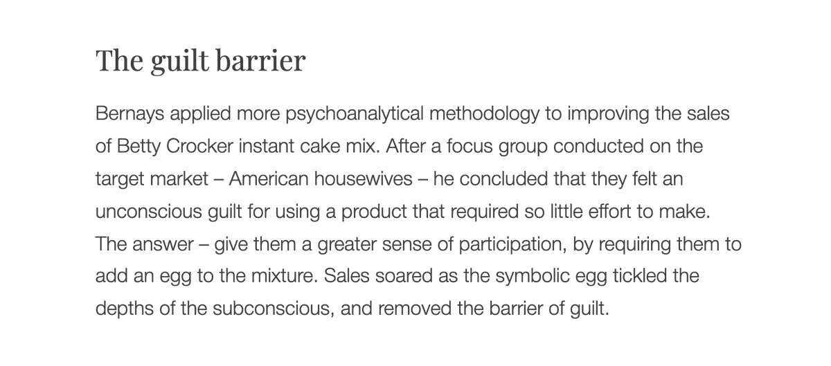 Marketing is known as a tool to sell products but it began as a means of selling ideas. Here are four products that Edward Bernays’ (the father of spin) sold by selling ideas: — women's cigarettes — bacon for breakfast — P&G’s ivory soap — pancake batter Here’s an example: