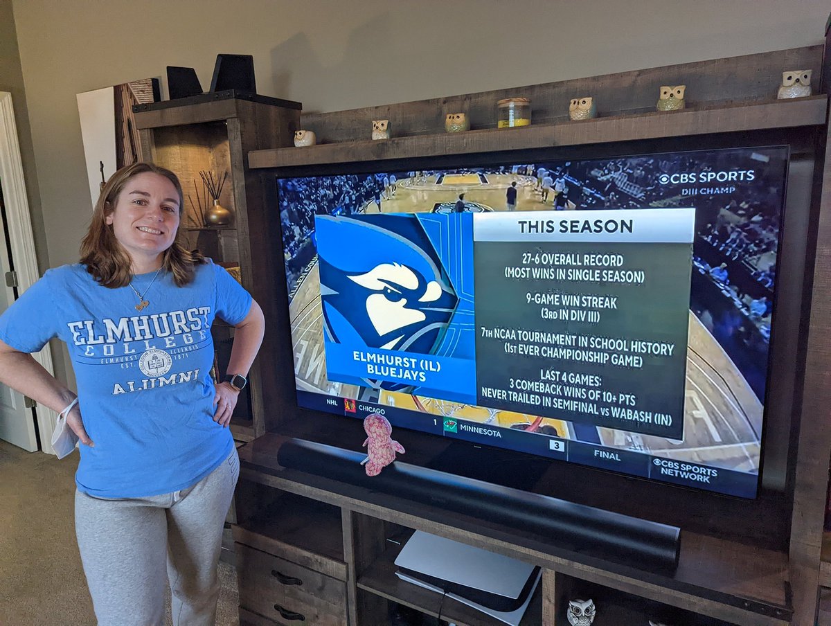 edtechmathteach's tweet image. When you are feeling like garbage but your alma mater @elmhursthoops is playing in the #NCAATournament DIII championship for the first time ever, you paste on a smile &amp;amp; cheer them on from home! Go Jays!!! #classof2004