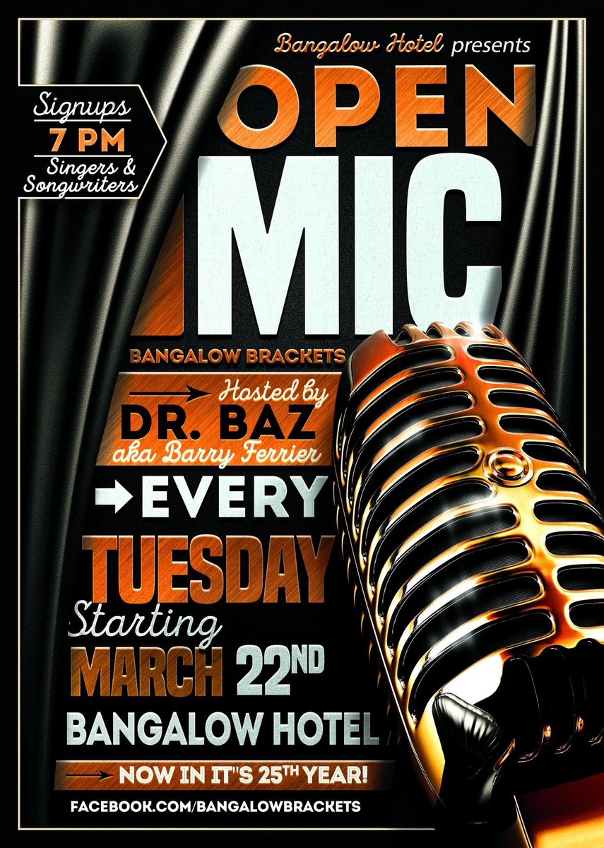 BANGALOW HOTEL TUESDAY OPEN MIC RETURNS! BANGALOW 'BRACKETS" is back starting Tues 22nd March. To all our musical friends, please spread the word and help relaunch our traditional evening of music, laughter, pool .There will be a happy hour from 9-10 pm and a nice raffle prize.