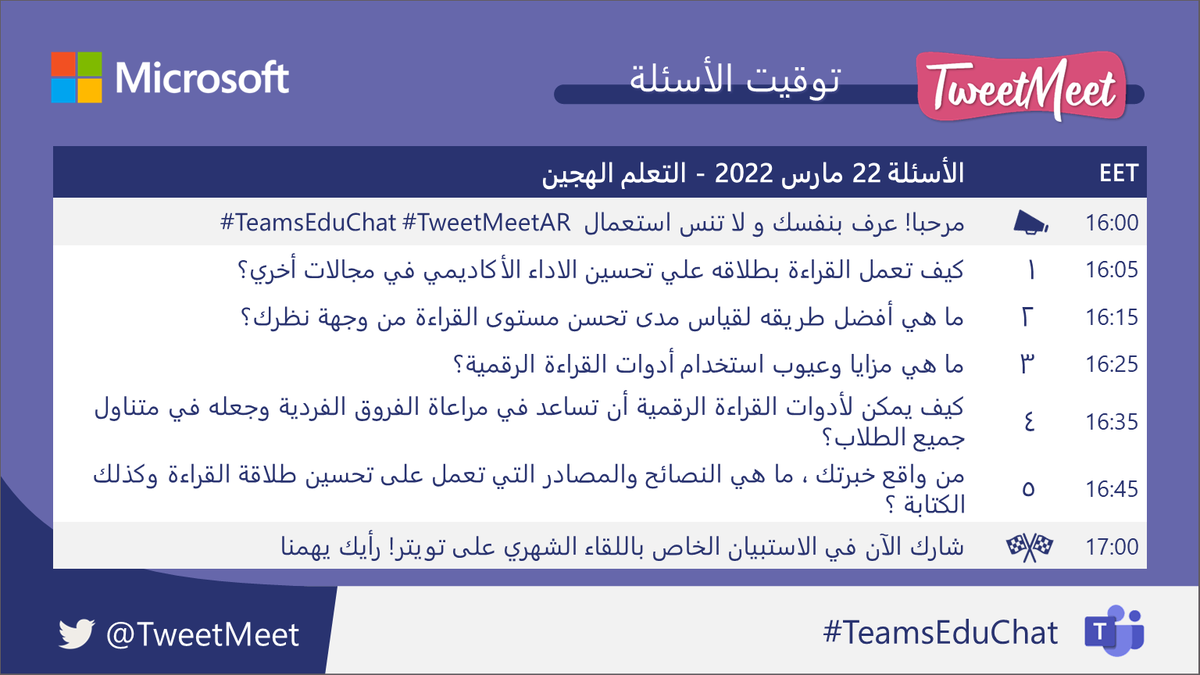 ⏳توقيت الأسئلة للقاء TweetMeet الشهرى و الذى يدور حول تنمية طلاقة القراءة و الكتابة لدى المتعلمين. فى إنتظاركم📣 الثلاثاء مارس ٢٢ الساعة ٤ عصرا بتوقيت🇪🇬 مصر #TeamsEduChat #TweetMeetAR #MicrosoftEdu #MicrosoftTeams #ReadingProgress #Fluency #Literacy