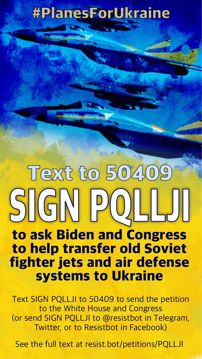 belbostonorg's tweet photo. Hundreds of thousands of civilians are under air bombardments in #Ukraine every day. Demand that the US help transfer old Soviet fighter jets and air defense systems to #Ukraine so that it can protect its people. Sign the @resistbot petition! Text SIGN PQLLJI to 50409 https://t.co/NRzYT9ZihG