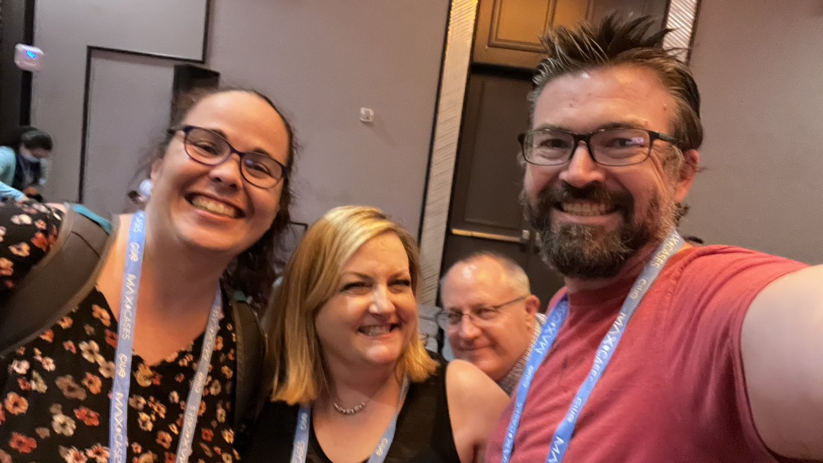swkreed's tweet photo. @mrsreedsclass14 and I on a Peace Treaty in the #selfiewar with gracious @KVoge71. @jcorippo photobombed at the end. Great wrap up to #SpringCue #marriedteachers https://t.co/vcaFKmLDvl