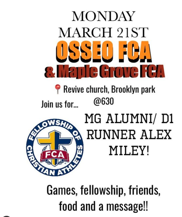 osseo senior fca (@osseofca) on Twitter photo Monday at 630pm at Revive Church the Crimson FCA and Orioles FCA come together as MG alumni Alex Miley join us. <a href="/OSHorioles/">Osseo Orioles</a> Monday at 630pm at Revive Church the Crimson FCA and Orioles FCA come together as MG alumni Alex Miley join us. <a href="/OSHorioles/">Osseo Orioles</a>