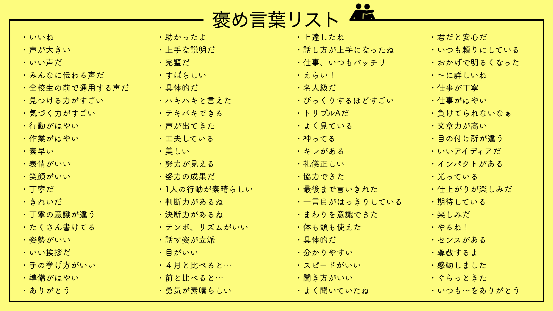 サンバ先生 アフリカ帰りの小学校教諭 担任になる前に知りたかった事 褒め方を学ぶことは大切 褒める ことの大切さは誰しもが分かっていると思いますが はじめは どう褒めたらよいのか は意外と難しい 褒める系の書籍を何冊か読むことと 褒め言葉 サンバ先生 アフリカ帰りの小学校教諭 担任になる前に知りたかった事 褒め方を学ぶことは大切 褒める ことの大切さは誰しもが分かっていると思いますが はじめは どう褒めたらよいのか は意外と難しい 褒める系の書籍を何冊か読むことと 褒め言葉
