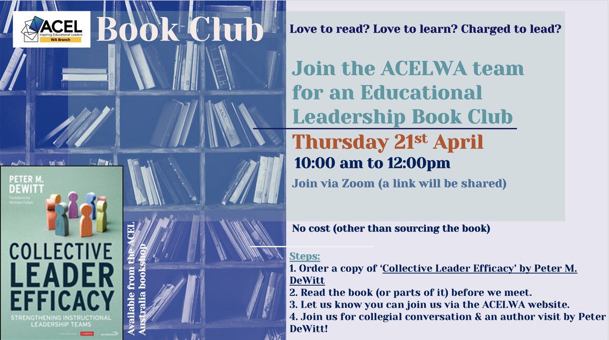 We're excited to announce that @PeterMDeWitt will be joining us live via Zoom for our educational Book Club focused on his book 'Collective Leader Efficacy'. Get yourself a copy, have a read and join the conversation on 21st April. #LeadingWithJoy  acel.org.au/ACELWEB/Active…