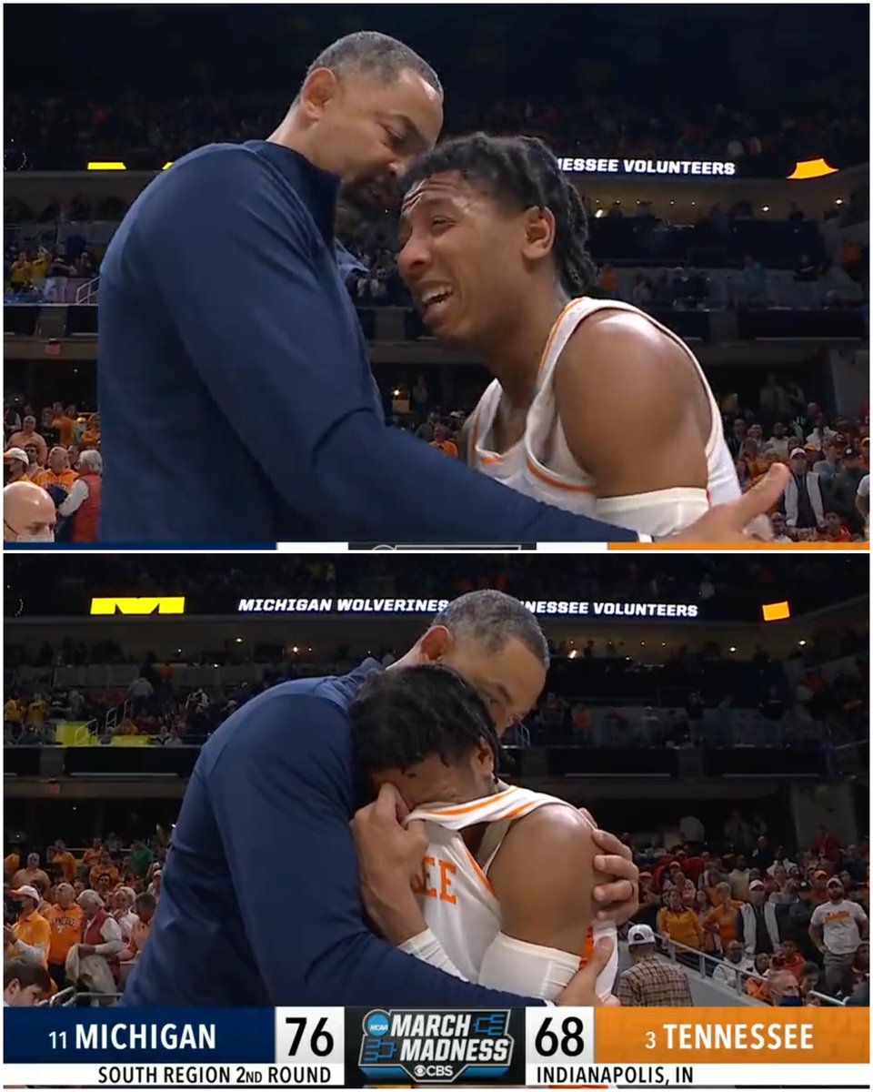 SportsCenter's tweet photo. Michigan eliminated Tennessee and HC Juwan Howard consoled an emotional Kennedy Chandler after the buzzer. https://t.co/b7gDgQTbEG