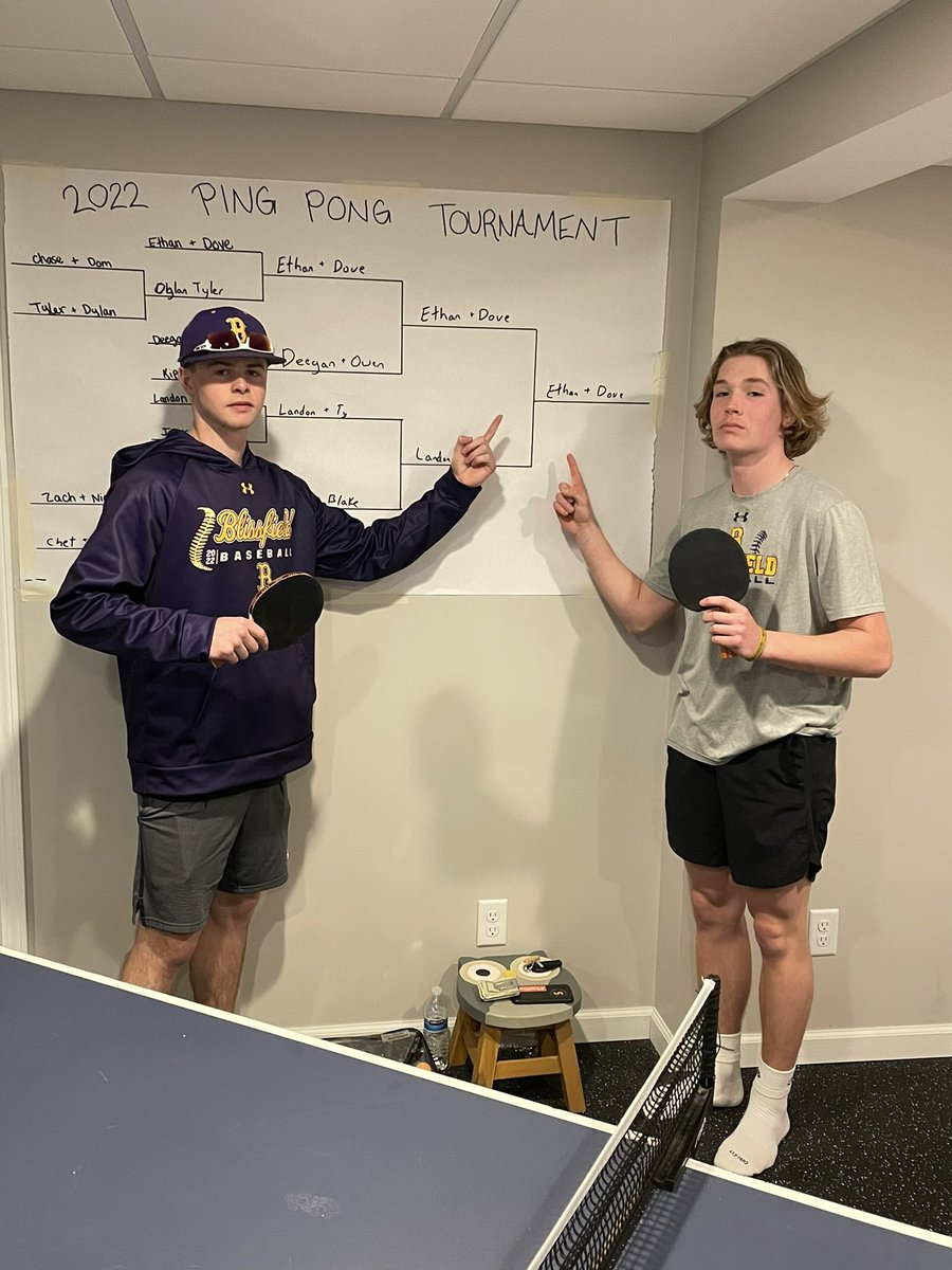 coach_eschmidt's tweet photo. Such a great time hosting the squad today for a team dinner/bonding.  They are a great group of guys! Congrats to @DoveEitzen @EthanStines5 inaugural doubles ping pong champs @Bliss_Baseball https://t.co/NQxphnzCAr