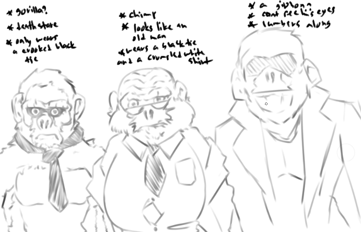 The three monkeys from my nightmare. They dont do or say anything, just give off a dreadful feel. Like someone's gonna go touch em and get ripped apart. All of them about the size of chimps, middle one kinda look like Penguin.
Never liked apes or monkeys. Why.