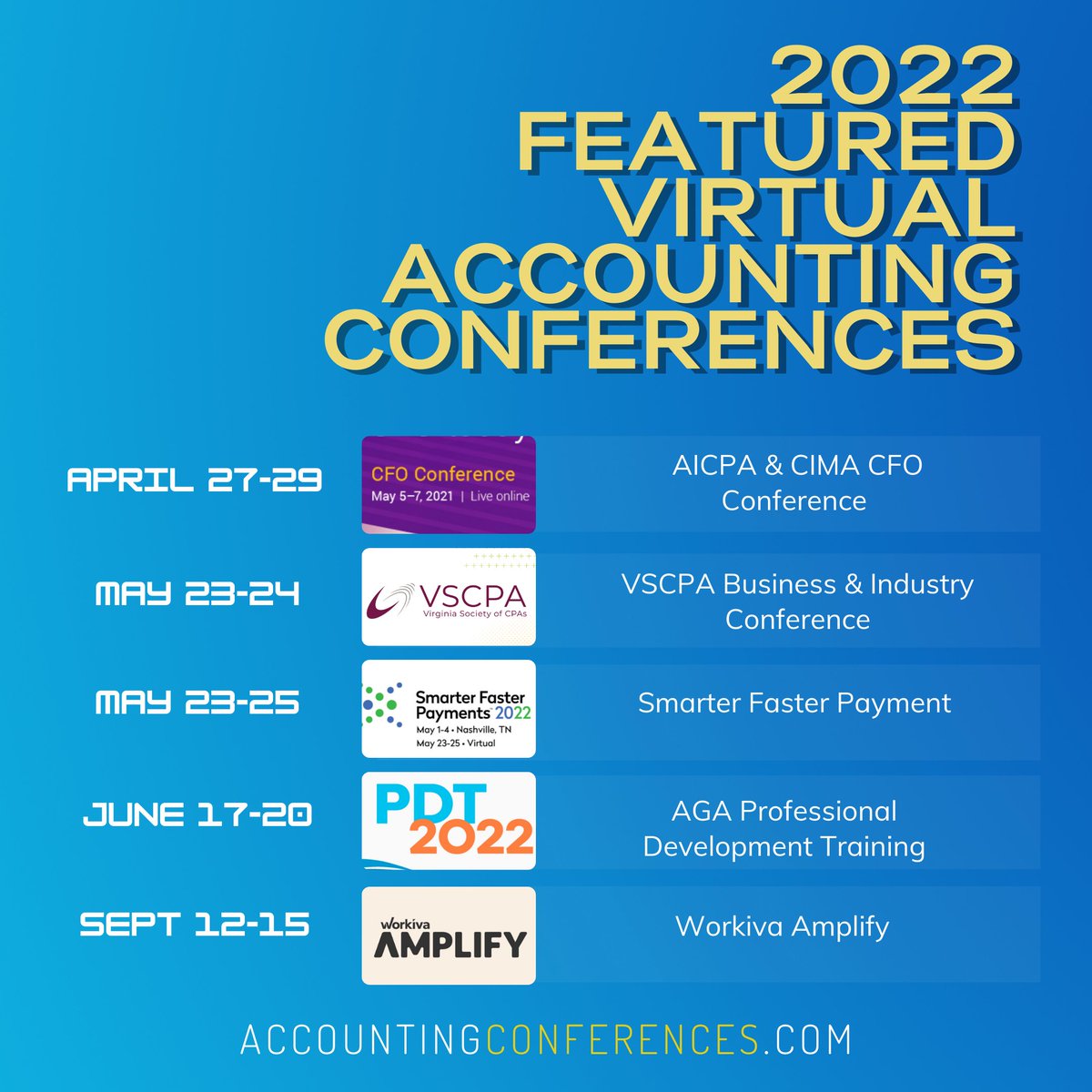 AcctConferences's tweet photo. 2022 Featured ๐บ๐ธ #Virtual #Accounting Conferences!
#ACIPA & CIMA CFO Conference
#VSCPA Business & Industry Conference
#Nacha Smarter Faster Payments
AGA Professional Development Training
#WorkviaAmplify
https://t.co/FQEBAPCTuj https://t.co/CcF7bQRbEi