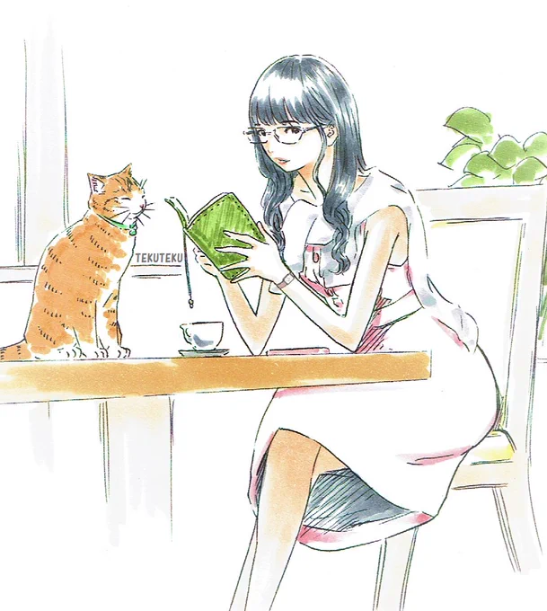本好きメガネ女子「さっきからあそこの彼が猫にゃんのこと見てるよ、彼も猫好きなのかな?」
茶白猫にゃん「それ本気かにゃ!?あのザンネンイケメンがずっと見てるのはそっちにゃ」
女子「え💦」
 #春 
 #猫好き 
 #オリジナルイラスト 