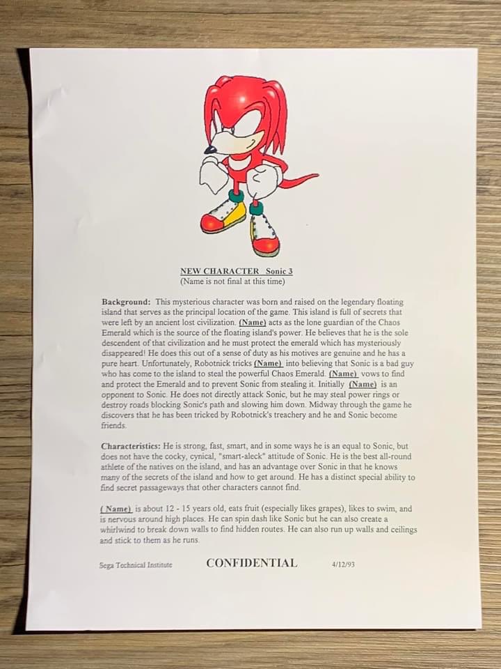 Rare Knuckles concept art! An internal SEGA Technical Institute document introducing staff to Knuckles.