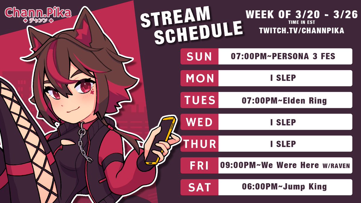 ChannPikaVT's tweet photo. ♦️Stream for the week!♦️
March 20 - March 26
Hashtags
Stream: #ChannLive
Art: #ChannPaint
NSFW: #ChannPulp
https://t.co/AhYTv9HSM4 https://t.co/dlUJBuMgep
