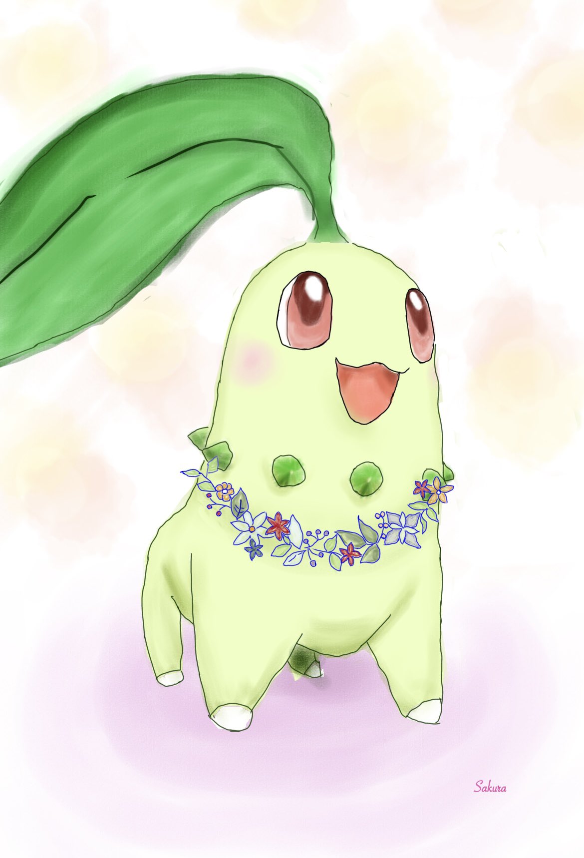 サクラ おはようございます リクエストいただいていたチコリータです チコリータの愛らしさを表現できているか心配ですが 精一杯描かせていただきました リクエストありがとうございます ポケモンイラスト Pokemon チコリータ T Co