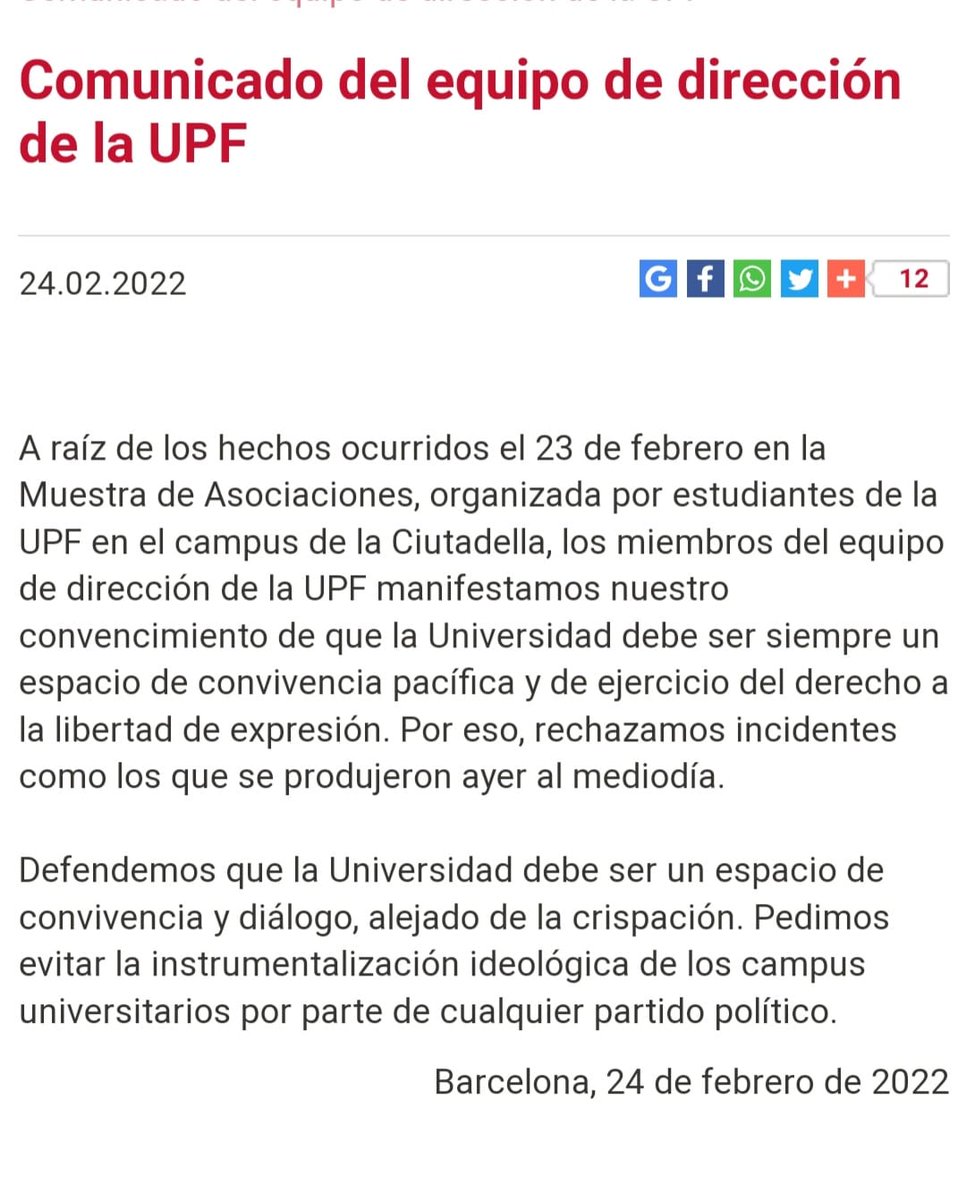Comunicados de la UAB y la UPF, respectivamente, al hilo de sendas agresiones a <a href="/ShaAcabat/">S'HA ACABAT!</a>. Casi idénticos. No se menciona a los agredidos ni se dice quiénes son los agresores. Reproche final, eso sí, a los diputados que han ido a dar apoyo a las víctimas. Curioso, ¿verdad?