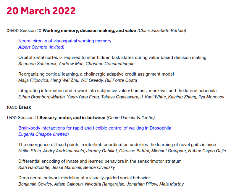 The final day of the main meeting is upon us! Here is the schedule of the morning sessions, which you can watch at this link: youtube.com/watch?v=Dvsflw… #cosyne2022