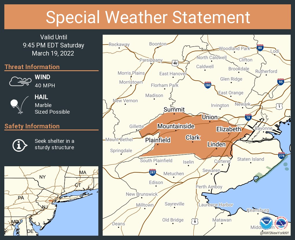 This graphic displays a special weather statement plotted on a map. The statement is in effect until 9:45 PM EDT.  The statement includes Elizabeth NJ, Plainfield NJ, Linden NJ.  The threats associated with this storm are wind gusts up to 40 MPH and marble sized hail. Seek shelter in a sturdy structure until the storm passes.