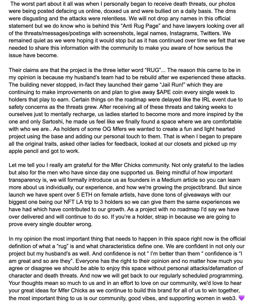 Here is our official statement: 

Thank you for being by our side Mfer Chicks. Only thing left to do is stay true to ourselves and our community💖

P.s big announcement coming Mon. 🎉