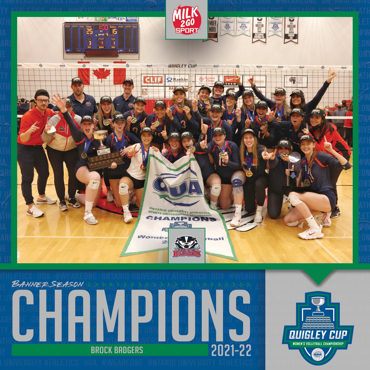 CHAMPIONS‼️

The <a href="/brockbadgers/">Brock Badgers</a> take home the #QuigleyCup🏆 at the 2021-22 #OUA Women's Volleyball Championship! 🏐

📸 <a href="/MPHcentral/">Michael P. Hall</a> 
#WeAreONE | #BannerSeason | #WeAreBadgers