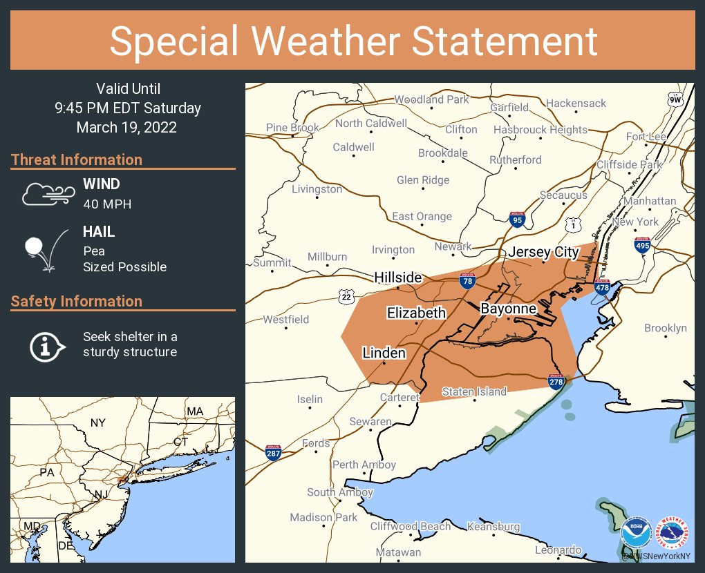 This graphic displays a special weather statement plotted on a map. The statement is in effect until 9:45 PM EDT.  The statement includes Jersey City NJ, Elizabeth NJ, Bayonne NJ.  The threats associated with this storm are wind gusts up to 40 MPH and pea sized hail. Seek shelter in a sturdy structure until the storm passes.