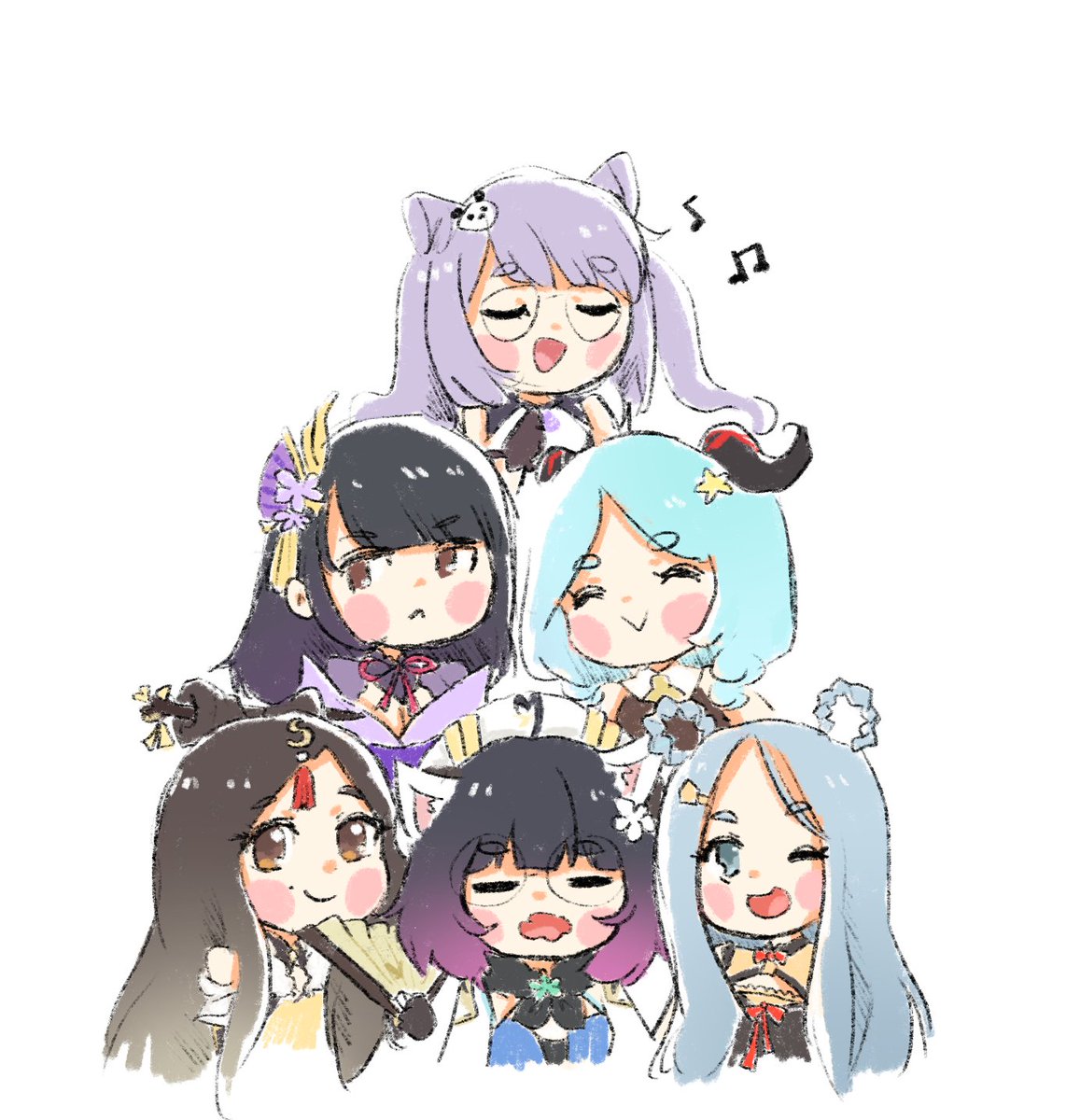 keqing (genshin impact) multiple girls horns purple hair closed eyes animal ears hair ornament one eye closed  illustration images