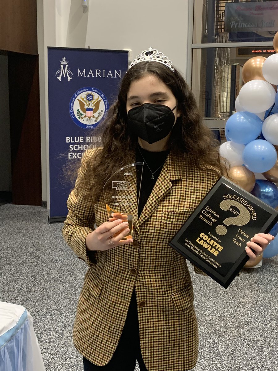 DebateMarian's tweet photo. Colette Lawler placed 3rd at the State Tournament in Congressional Debate and she won a Socrates Award for her outstanding contributions to the debate community! https://t.co/mJ42FVKSsf