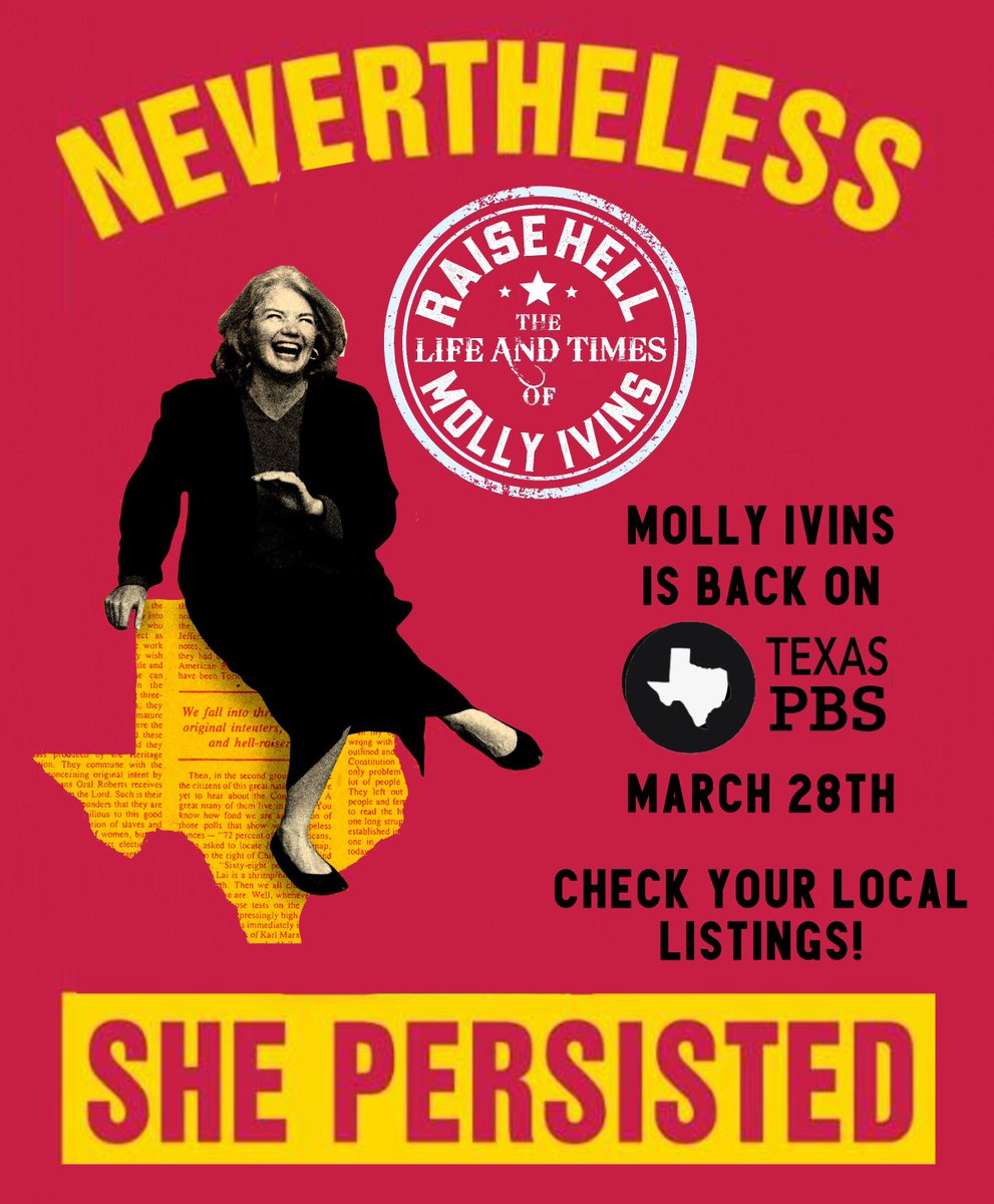 MollyIvinsFilm's tweet photo. Hey Texas! Mark your calendars! 3/28 @TexasPBS will be airing Raise Hell: The Life &amp; Times of Molly Ivins! We're bringing Molly home to you- AGAIN! Check your local listings! &amp; for the rest of you...Molly is streaming on Hulu and Amazon! #RaiseHell #MollyNowMoreThanEver #pbstexas https://t.co/TzjFtvlPPD
