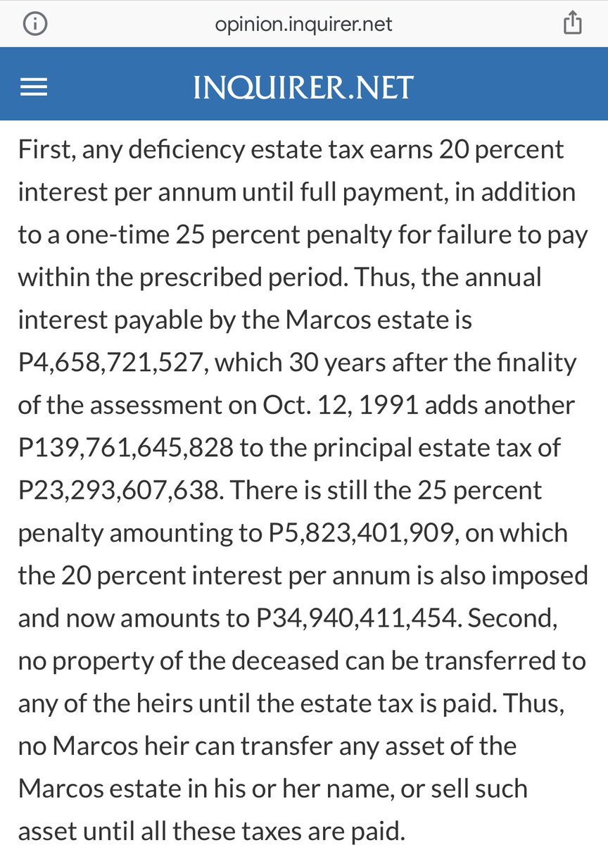 notajaydy's tweet photo. Question: Was the 1993 forfeiture of the 11 parcel of land satisfied the estate tax deficiency (23.3b) of the Marcoses? I don't know.

Sep 2021 - Carpio wrote an opinion in the inquirer saying the Marcoses owes a 203 billion - inclusive of interest, his basis - Php23.3b😂 https://t.co/vN0ypqxncn