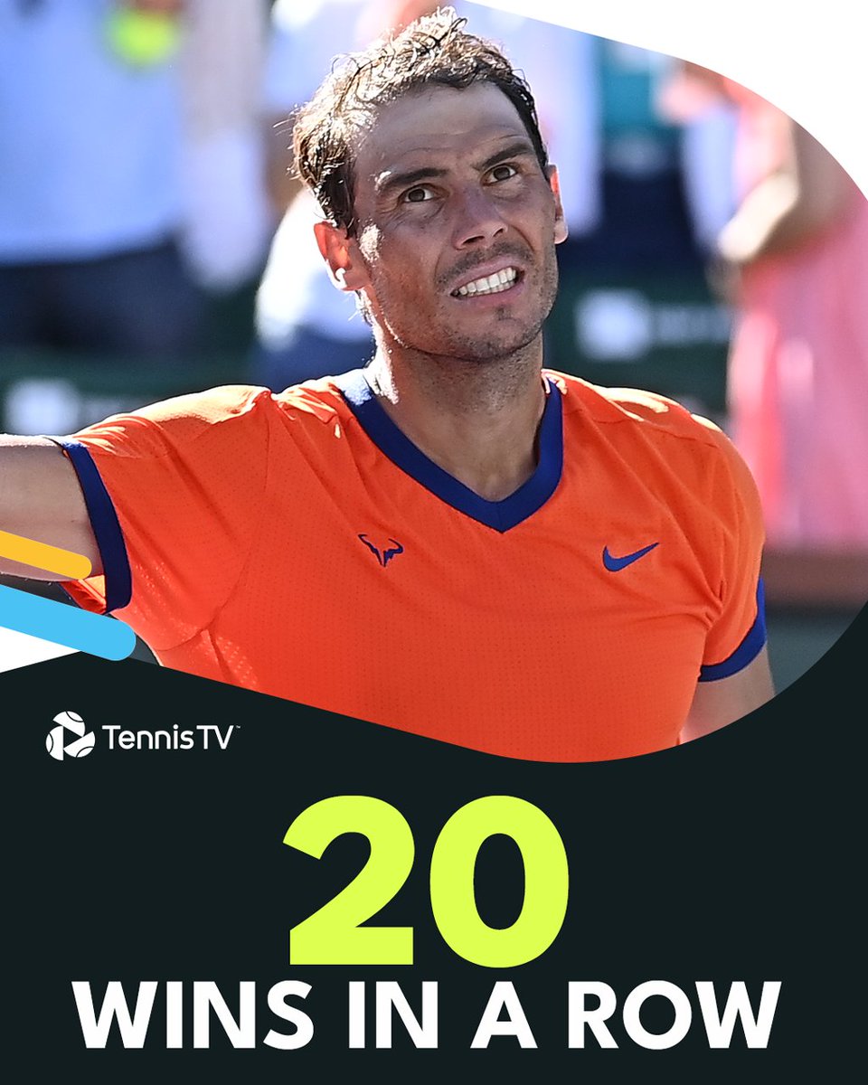 TennisTV's tweet photo. Berankis (Melbourne)
Ruusuvuori
Cressy
Giron (Aus Open)
Hanfmann
Khachanov
Mannarino
Shapovalov
Berrettini
Medvedev
Kudla (Acapulco)
Kozlov
Paul
Medvedev
Norrie
Korda (Indian Wells)
Evans
Opelka
Kyrgios
Alcaraz 

20 in-a-row to start 2022 for @RafaelNadal! https://t.co/9ULBq20Bag