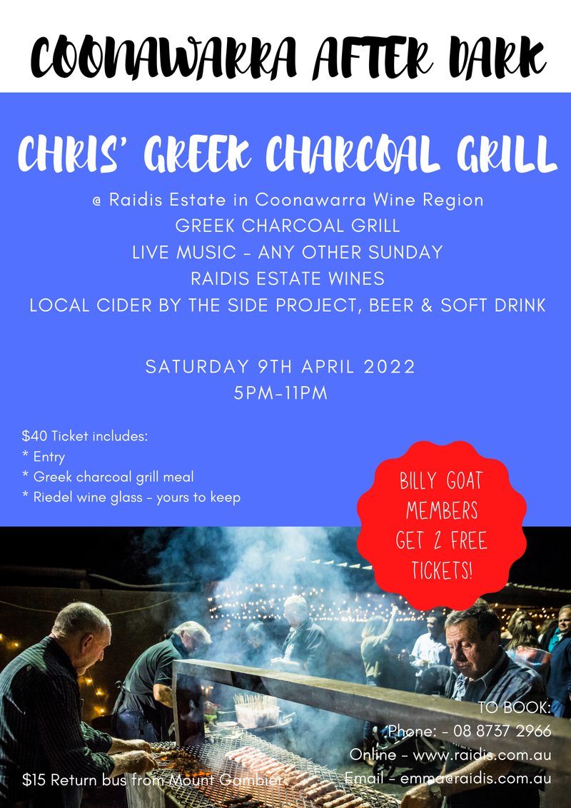 COONAWARRA AFTER DARK is back!

Saturday 9th April: a night out at Raidis Estate with Chris serving up his famous GREEK CHARCOAL GRILL as well as live music and fun to be had for the whole family!

Book - bit.ly/35rcufI

#raidisestate #coonawarra #wines 
<a href="/CoonawarraWine/">Coonawarra</a>