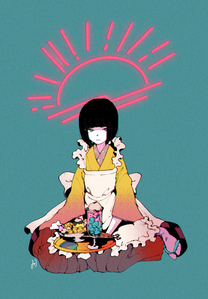 1girl solo japanese clothes black hair apron sitting kimono  illustration images
