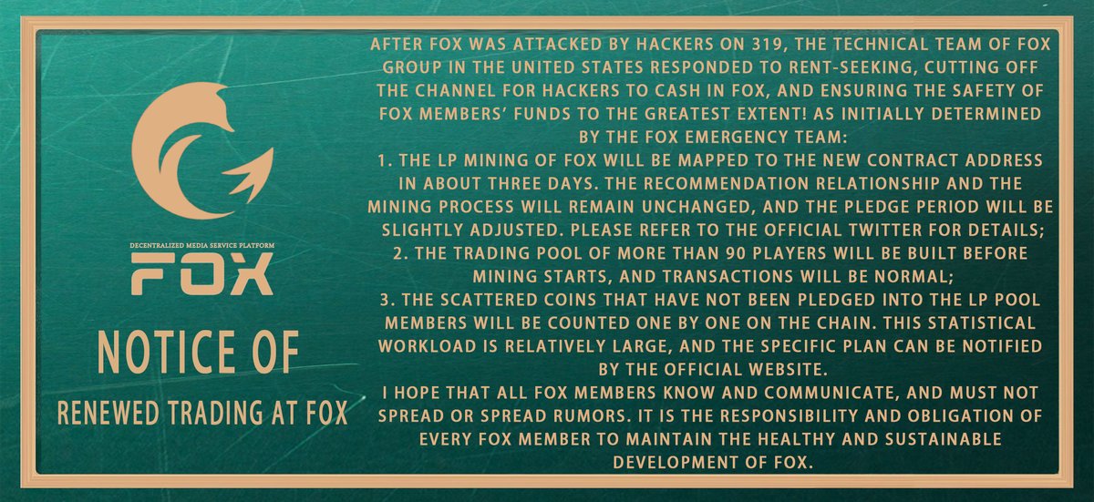 Fox__media's tweet photo. After FOX was attacked by hackers on 319, the technical team of FOX Group in the United States responded to rent-seeking, cutting off the channel for hackers to cash in FOX, and ensuring the safety of FOX members' funds to the greatest extent! As initially determined by the... https://t.co/U54elQZFcu