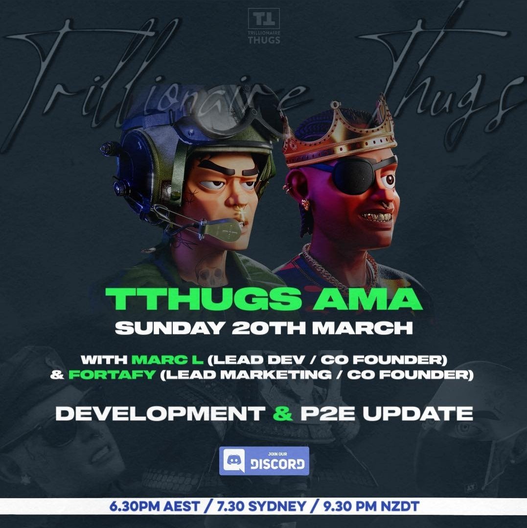 Tune in TODAY FAM for the @TThugsNFT Play 2 Earn update and development Live in ⬇️⬇️⬇️ discord.gg/trillionaireth…
Check your local times at the bottom of the flyer🙏🏾@FORTAFY @BandManKevo @markamartins @NekoVujevic @Justchase02 #NZvENG #NRLTitansWarriors #FRAvENG #NFTs #NFT #P2EGame