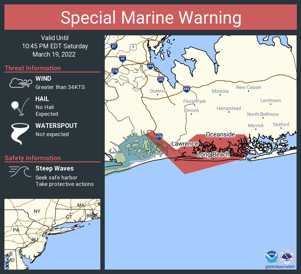 This graphic displays a special marine warning plotted on a map. The warning is in effect until 10:45 PM EDT. The warning includes Sandy Hook NJ to Fire Island Inlet NY out 20 nm. The threats associated with this warning are wind gusts greater than 34kts and no hail expected.Waterspouts are not expected. Steep waves can be expected. Seek safe harbor and take protective actions.