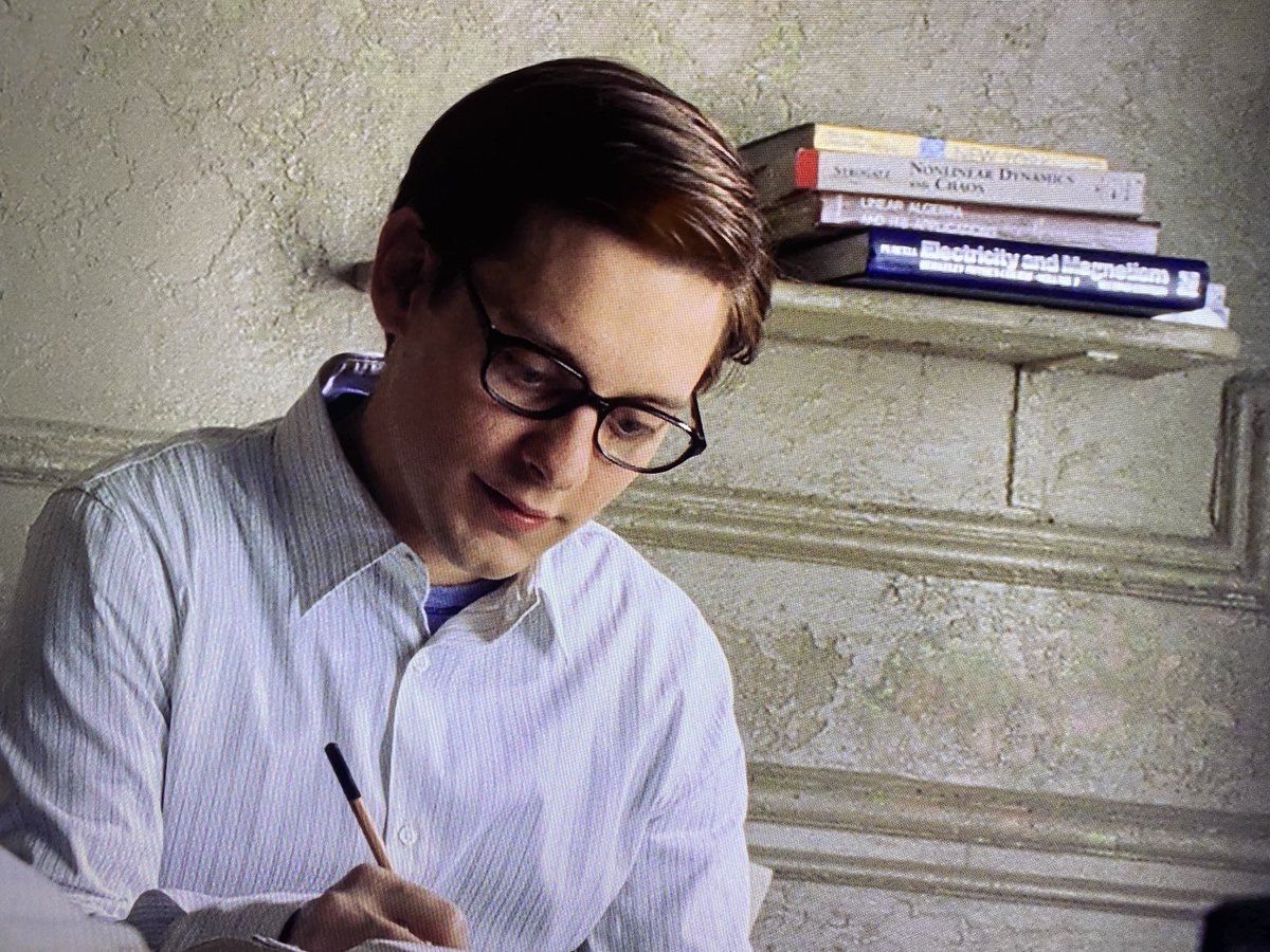 stevenstrogatz's tweet image. Finally got around to watching  “Spider-Man 2”. Recognize any of his textbooks? 🙋‍♂️