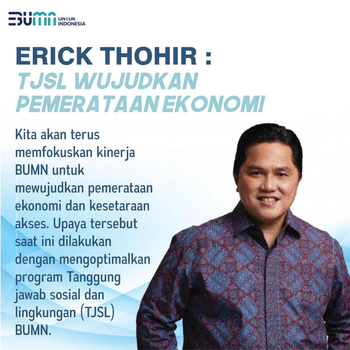 Enovaeli's tweet photo. Erick Thohir berkomitmen untuk mewujudkan pemerataan ekonomi yang saat ini bisa dilakukan salah satunya melalui program TJSL. https://t.co/CDOoU9iYW5