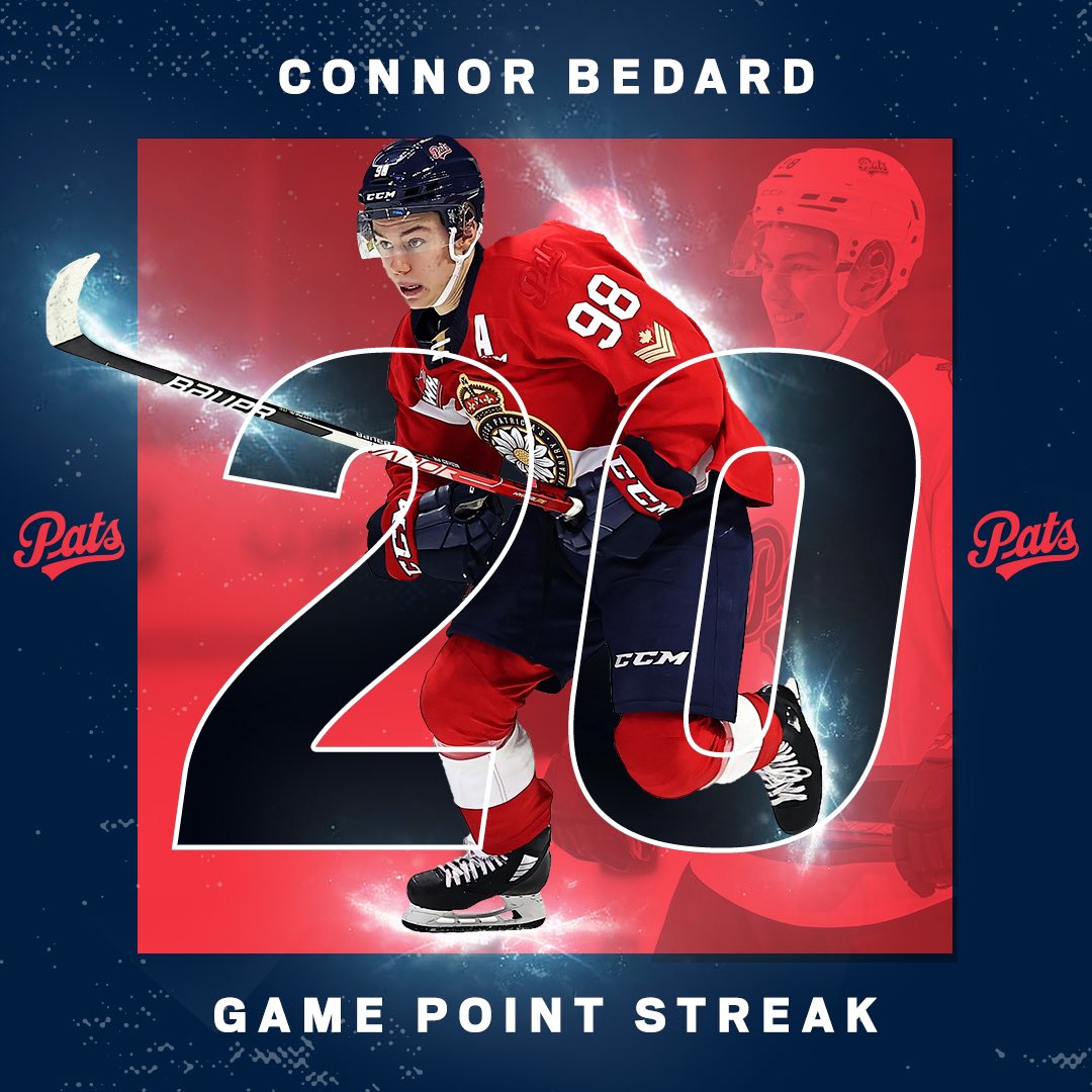 2️⃣0️⃣

With his 41st goal of the season, Connor Bedard has extended his point-streak to 20 straight games — the longest in <a href="/TheWHL/">Western Hockey League</a> this season!

#MarchOn | #REGvsMJ