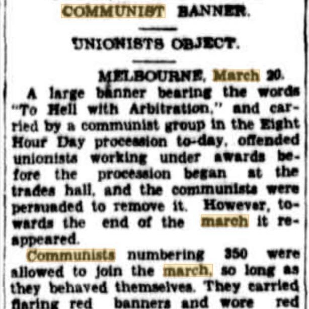 auscommunist's tweet photo. On this day in 1933 in Melbourne Australia, Communists apparently “insulted” the narrow minded social democrats with a banner printed with “To Hell with Arbitration”. Not much has changed at all! https://t.co/7MoSZf3nPm