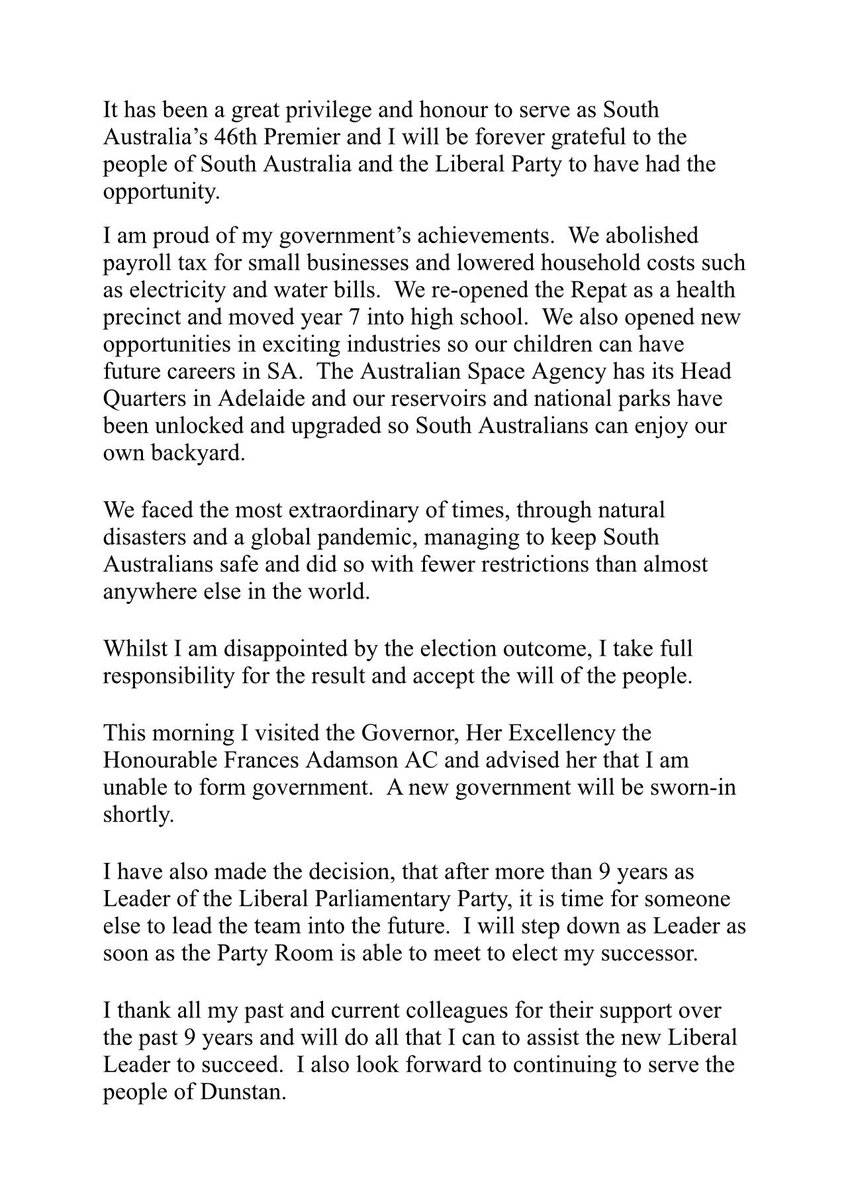 AlanMurrell10's tweet photo. Steven Marshall resigns as Premier, says will relinquish liberal leadership. His statement here. @10NewsFirstAdl #SApoll https://t.co/Fdxx0aBfBN