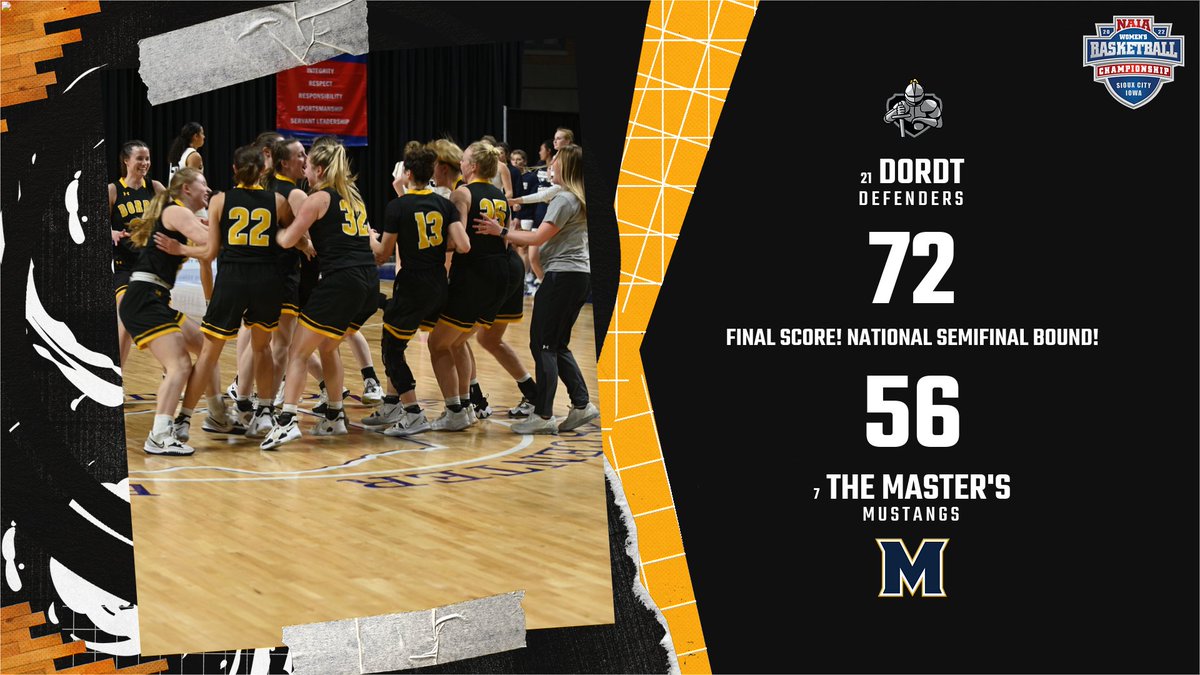 National Semifinal bound!!!! @dordtwbb  Veerbeek w/ 22pts, Gustafson and Beckman w/ 12pts each; Defenders outscore The Master's 28-11 in 4th quarter!